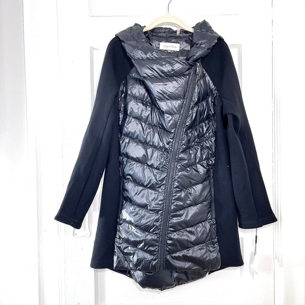 Calvin Klein Down Jacket Women Large Stretch Feather Panels Hooded Winter Parka
